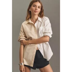Maeve Oversized Bennett Colorblock Button Down Shirt Cream Tan Cotton Size XL